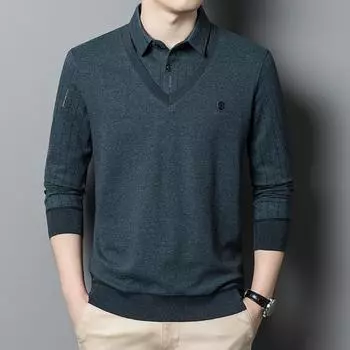 Autumn New Middle-aged Men s Long-sleeved T-shirt Business Casual Fake Two-piece Bottoming Shirt Dad Sweater M