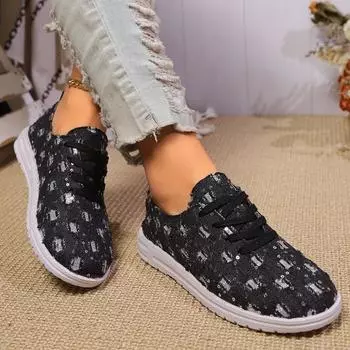 Autumn New Round Head Cloth Sequin Front Lacing Soft Sole Non-slip Low Top Shoes Women s Fashion Flat Shoes 36 чёрный