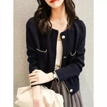 Autumn Red Sleeve Short Small Fragrance Style Fashionable and Versatile Knitted Jacket for Women S чёрный