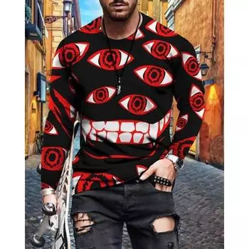 Autumn Round Neck 3D Printed Long Sleeved Loose T-shirt for Men s Tee Tops S