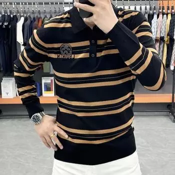 Autumn Simple Luxury Lapel Striped Contrasting Polo Shirt Long Sleeved Fashionable Shirt Collar Knitted for Men S чёрный/кофейный
