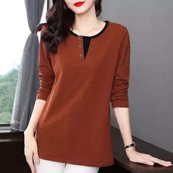 Autumn Spring Long Sleeve V-Neck Loose Winter Women s Clothing T-shirt Large Medium Long Underlay Casual Tops XXXXXL чёрный
