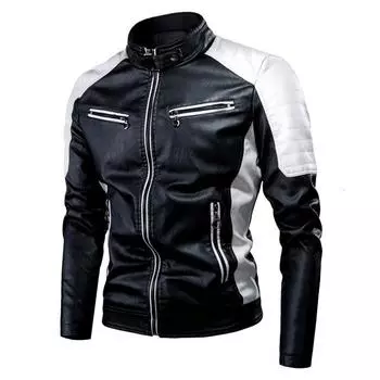 Autumn/Winter Casual Motorcycle Splicing Leather Jacket Men s Fashion Standing Collar Retro Thermal Leather Jacket M