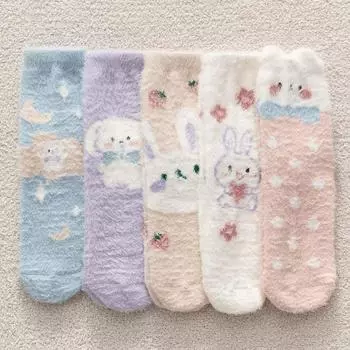 Autumn Winter Cute Rabbits Coral Fleece Socks For Women Soft Thermal Middle Tube Socks Couple Home Floor Sleeping Crew Socks One Size