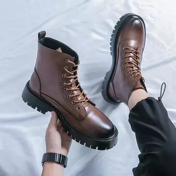 Autumn Winter Fashion Men High-top Boots Outdoor Warm Casual Ankle Boots 8 Holes Thick-soled Motorcycle Boots Men Platform Boots 38 чёрный
