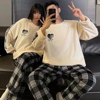 Autumn/Winter Flannel Pajamas: Cozy Round Neck Homewear for Youthful Men and Women Women s XXL
