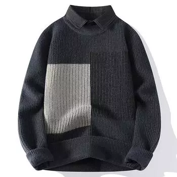 Autumn Winter Men s Clothing Turn-down Collar Pullover Men Striped Patchwork Sweaters Male Fake Two Pieces Sweater Men Knitted Tops 2XL чёрный