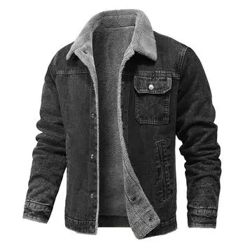 Autumn Winter Men s Denim Jackets Man Casual Fleece Warm Windbreaker Jacket Men s Retro Jean Coats Clothing XXXXXL чёрный