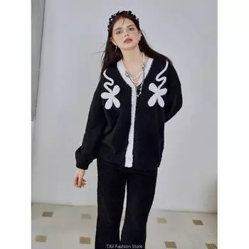 Autumn Winter New Soft and Comfortable Black White Design Printed Cartoon Lazy Cardigan Home Clothes Women s Loose Outer Wear One Size чёрный