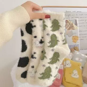 Autumn Winter Padded Socks Cow Pattern Plush Socks Spotted Plush Thickened Soft Cute Comfortable Mid-calf Socks Warm 1Pairs