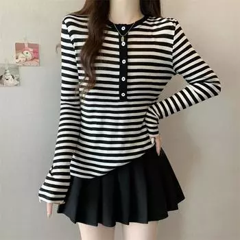 Autumn,winter,Women s loose O-neck t-shirts, Long Sleeve t shirt, Bottoming Pullover, stripe thicken y2k Tops, Casual Clothing, M