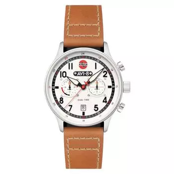 AVI-8 Hawker Hurricane Carey Dual Time Airfix Edition Серебряный кожаный ремешок Кварцевые мужские часы с белым циферблатом AV-4088-06 белый