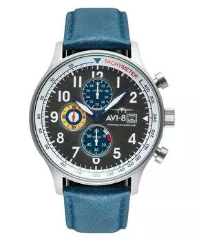 AVI-8 Hawker Hurricane Классический хронограф Вымпел Синий кожаный ремешок Серый циферблат AV-4011-0F Мужские часы серый