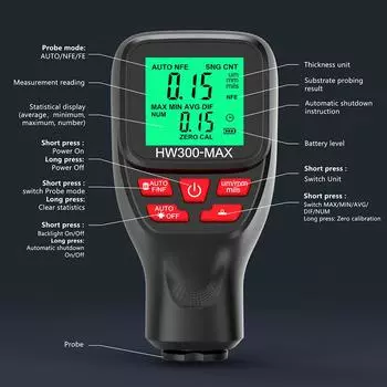 Автоматический толщиномер лакокрасочного покрытия автомобиля, высокоточный тестер толщины лакокрасочного покрытия автомобиля HW300-MAX 0-2000um белый