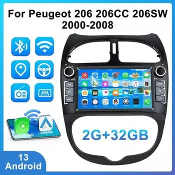 Автомобильное радио Android для Peugeot 206 206CC 206SW 2000-2008 7-дюймовый мультимедийный проигрыватель Carplay 2Din стерео Автомагнитола Навигация GPS 2+32G