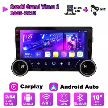 Автомобильное радио Carplay с 2Din Android для Suzuki Grand Vitara 3 2005-2015 гг., GPS-навигация, 10 дюймов, двойная большая ручка, мультимедийный видеоплеер, 2 + 64 ГБ