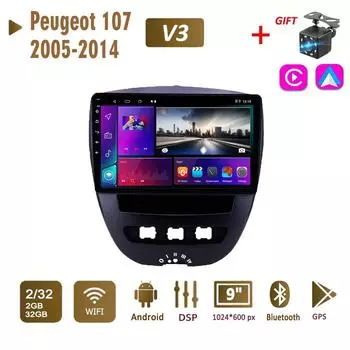 Автомобильное радио на базе Android 2Din для Peugeot 107 Toyota Aygo Citroen C1 2005-2014, мультимедиа Carplay, авто Wi-Fi, головное устройство, стереонавигация, 2 + 32 ГБ 1+16GB