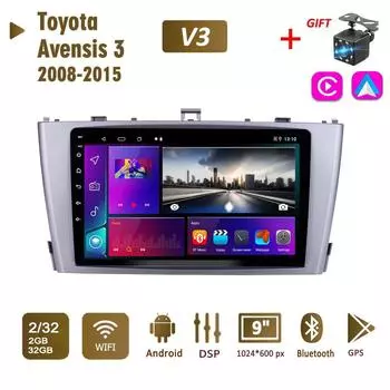 Автомобильное радио на базе Android 2Din для Toyota Avensis 3 2008-2015, мультимедийное головное устройство Carplay, Wi-Fi, стереонавигация, 2 + 32 ГБ 1+16GB