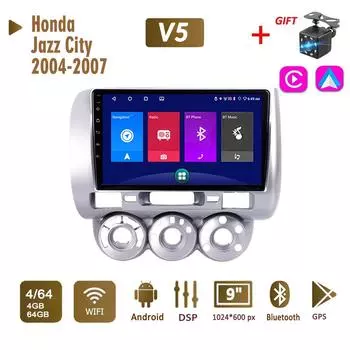 Автомобильное радио на базе Android, стерео для Honda Jazz City 2004-2007, 2 Din, мультимедийная навигация Carplay, авторадио, GPS, WIFI, головное устройство, 4 + 64 ГБ 1+16GB