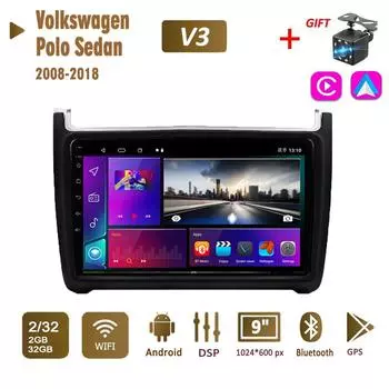 Автомобильное радио с 2Din Android для Volkswagen Polo Sedan 2008-2018, мультимедийное головное устройство Carplay, авто Wi-Fi, стереонавигация, 2 + 32 ГБ 1+16GB
