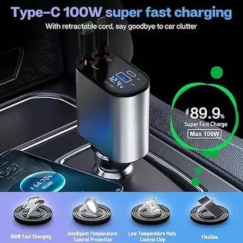 Автомобильное зарядное устройство 100 Вт 4 в 1 сверхбыстрая зарядка автомобильное зарядное устройство для телефона с выдвижным кабелем USB порт типа C автомобильный адаптер прикуривателя