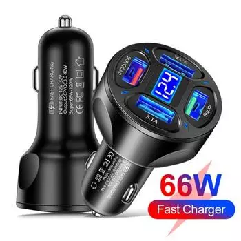 Автомобильное зарядное устройство 66 Вт, адаптер с 4 портами USB, интеллектуальное напряжение защиты чипа белый