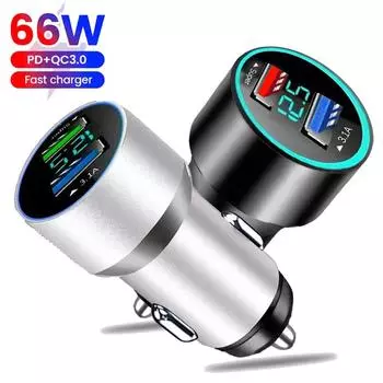 Автомобильное зарядное устройство 66 Вт с двумя USB-портами PD Quick Charge 3.0 USB для быстрой зарядки Huawei Samsung iPhone 13 12 Автомобильное зарядное устройство для телефона чёрный
