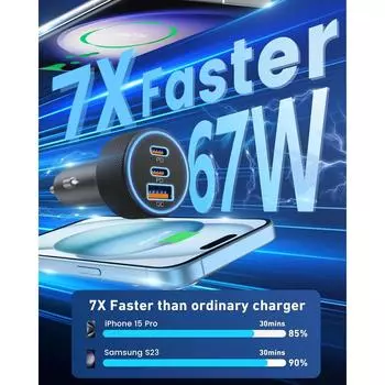 Автомобильное зарядное устройство Alloy USB C, 3 порта 67 Вт, двойной автомобильный адаптер питания USB-C и USB-A, быстрая зарядка PD/QC от прикуривателя чёрный