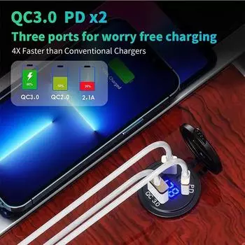 Автомобильное зарядное устройство Kewig 108 Вт USB, гнездо Dual PD Type C QC 3.0 с вольтметром, переключатель питания, быстрая зарядка для 12-24 В автомобиля, лодки, мотоцикла синий