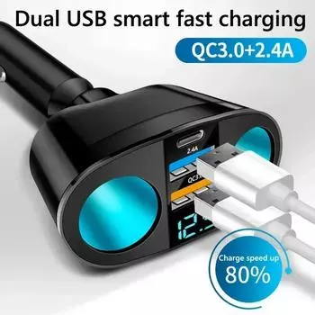 Автомобильное зарядное устройство QC3.0 12 В/24 В, двойной USB-адаптер питания, гнездо прикуривателя автомобиля Type-C+QC3.0+2,4 А, двойное расширение прикуривателя