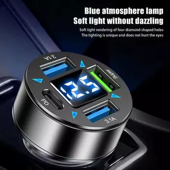 Автомобильное зарядное устройство с 4 портами USB и цифровым дисплеем. Адаптер питания PD QC 3.0 для быстрой зарядки iPhone.