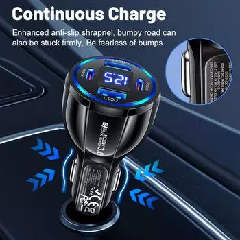 Автомобильное зарядное устройство USB C с вольтметром, совместимое с iPhone, Android, Samsung, iPad Pro, PD и QC3.0, быстрая зарядка с несколькими портами чёрный