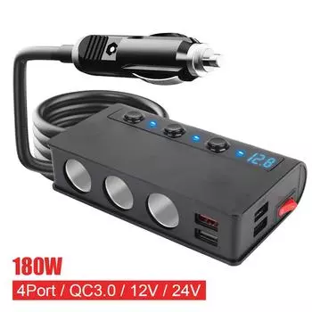 Автомобильный адаптер для зарядного устройства Splitter 3.0 для телефона, iPad, прикуривателя, автомобильные аксессуары, 4 порта, разъем для зарядки USB 12 В 24 В, быстрая зарядка 180 Вт 4 USB