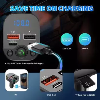 Автомобильный Bluetooth 5.0 FM-передатчик PD Type-C Dual USB 3.1A Handsfree Light Цветной модулятор Ambient MP3-плеер A5O7