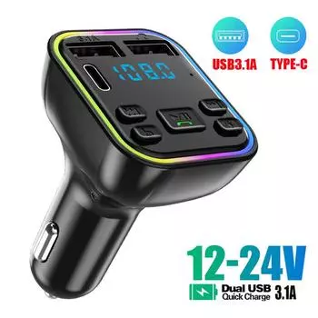 Автомобильный Bluetooth 5.0 FM-передатчик PD Type-C Dual USB 3.1A Цветной окружающий свет Handsfree MP3-модулятор-плеер чёрный