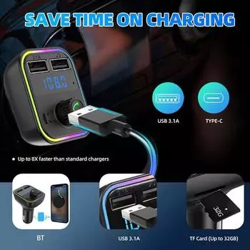 Автомобильный Bluetooth 5.0 FM-передатчик PD Type-C Dual USB 3.1A Цветной окружающий свет Handsfree MP3-модулятор-плеер чёрный