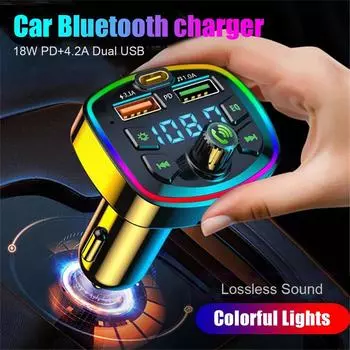 Автомобильный Bluetooth 5.0 FM-передатчик PD 18 Вт Type-C Dual USB 4.2A Быстрое зарядное устройство со светодиодной подсветкой Атмосфера Свет MP3-плеер Музыка без потерь