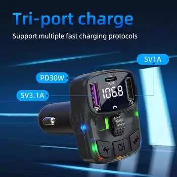 Автомобильный Bluetooth 5.3 FM-передатчик PD 30 Вт Type-C Dual USB 4.2A Быстрое зарядное устройство окружающего света Громкая связь Радиомодулятор MP3-плеер