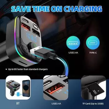 Автомобильный Bluetooth DC12V/24V FM-передатчик Dual USB 3.1A Type-C с подсветкой Handsfree MP3-модулятор Автомобильные аксессуары чёрный