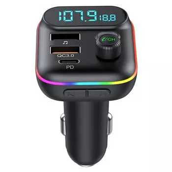 Автомобильный Быстрая зарядка Bluetooth 5.0 FM-передатчик PD Dual Player Music Type-C Цветной Ambient MP3 Light Прикуриватель USB A