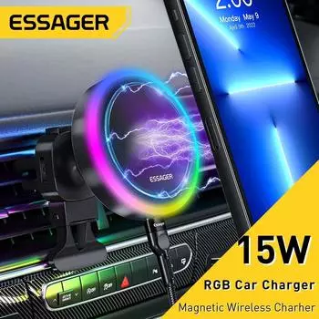 Essager RGB автомобильный держатель для телефона Qi 15 Вт Macsafe беспроводное зарядное устройство для iPhone 14 13 Samsung универсальный держатель для телефона подставка Air Outlet Type чёрный
