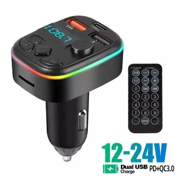 Автомобильный FM-передатчик Bluetooth 5.0, автомобильный комплект громкой связи с PD 20 Вт Type-C, двойной USB 3.4A, быстрое зарядное устройство, окружающее освещение, прикуриватель