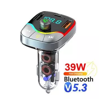Автомобильный FM-передатчик Bluetooth 5.3 Handsfree PD+3.1A Dual USB Type C зарядное устройство для телефона Быстрая зарядка с подсветкой RGB AUX музыкальный комплект