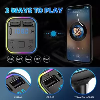 Автомобильный FM-передатчик с двумя USB-портами Bluetooth 5.0 PD Type-C, быстрая громкая связь MP3 3.1A, модулятор света, цветное зарядное устройство, плеер S5L2 чёрный