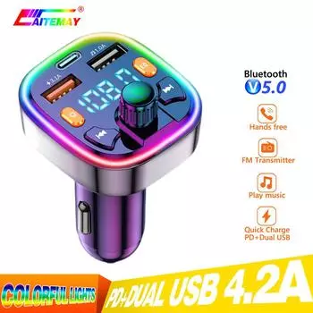 Автомобильный FM-передатчик с подсветкой, два порта USB PD Type C, быстрая зарядка в автомобиле, Bluetooth 5.0, внешний микрофон с функцией громкой связи, автомобильный FM-модулятор
