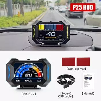 Автомобильный HUD Автомобильный монитор Уклономер Часы КМЧ Об/мин Пробег Датчик P25 Акселерометр Спидометр OBD GPS Head Up Display Сигнализация превышения скорости 3 дюйма P25