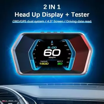 Автомобильный HUD цифровые часы км/ч об/мин счетчик пробега OBD GPS проекционный дисплей 4,3 дюйма спидометр P17 многофункциональный сигнализатор превышения скорости