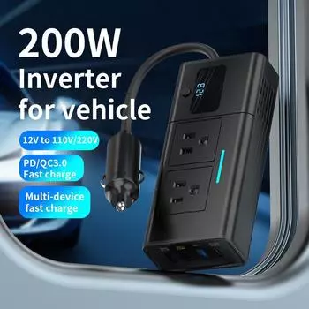 Автомобильный инвертор 200 Вт 12 В в 110 В с двумя USB и быстрой зарядкой PD чёрный
