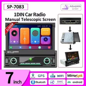 Автомобильный радиоприемник Carplay 1 Din, универсальный мультимедийный плеер на базе Android, 7 дюймов, выдвижной экран для Volkswagen Nissan Hyundai Kia 2+32GB чёрный