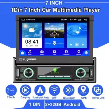 Автомобильный радиоприемник Carplay 1 Din, универсальный мультимедийный плеер на базе Android, 7 дюймов, выдвижной экран для Volkswagen Nissan Hyundai Kia 2+32GB чёрный
